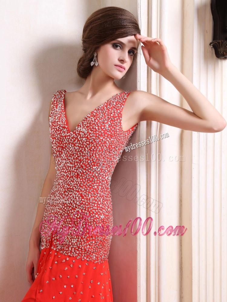 Red Pageant Dresses With Beaded and High Slit Court Train V-neck