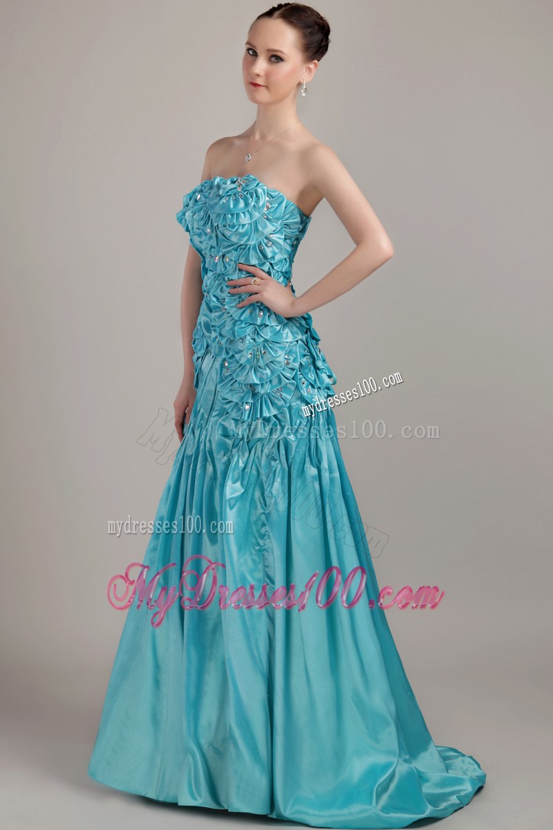Teal Strapless Brush Train Beading and Ruching for Pageant Dresses
