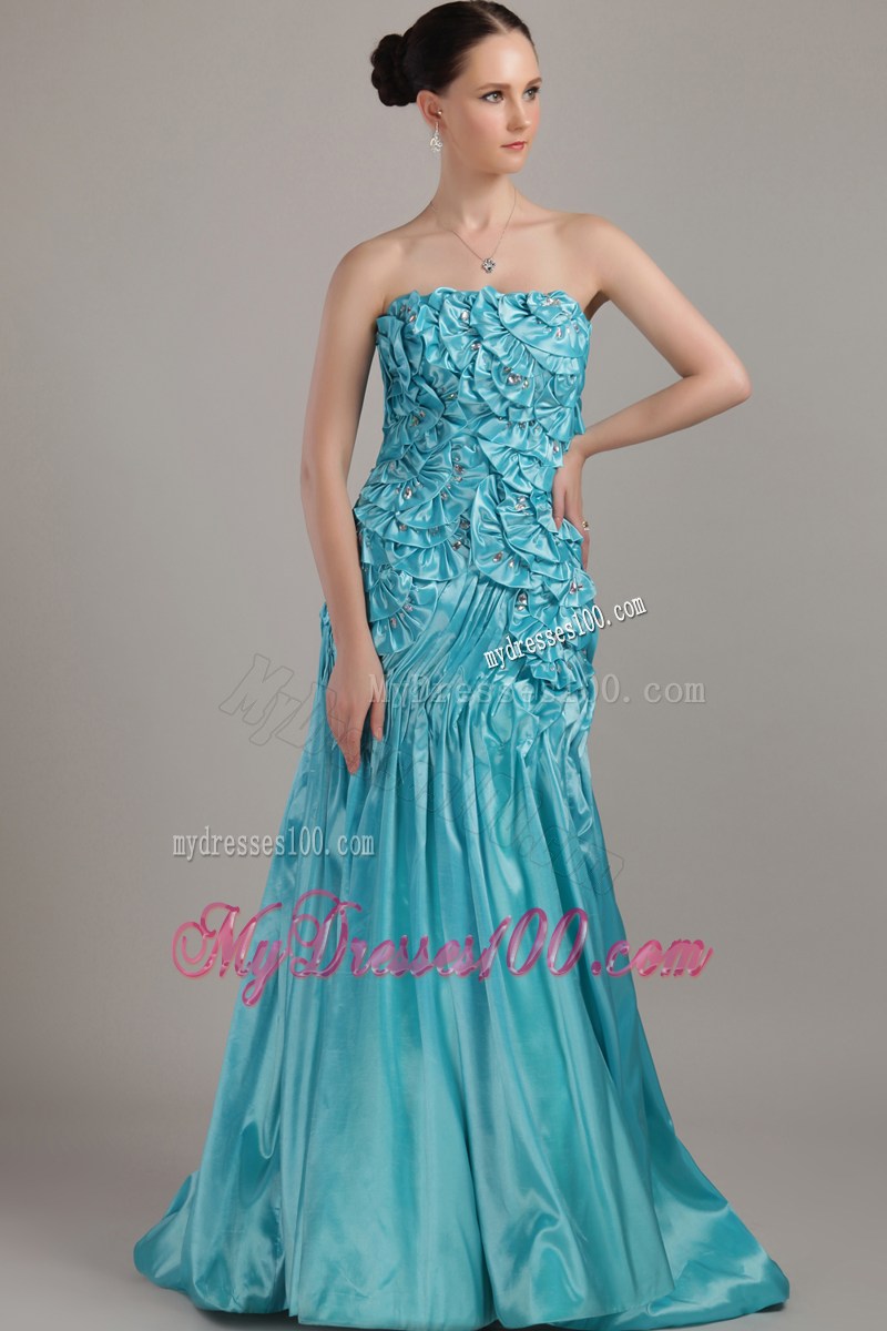 Teal Strapless Brush Train Beading and Ruching for Pageant Dresses