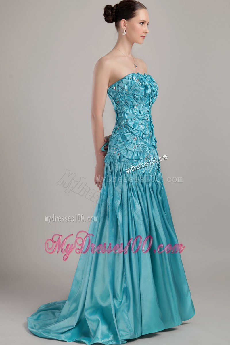 Teal Strapless Brush Train Beading and Ruching for Pageant Dresses