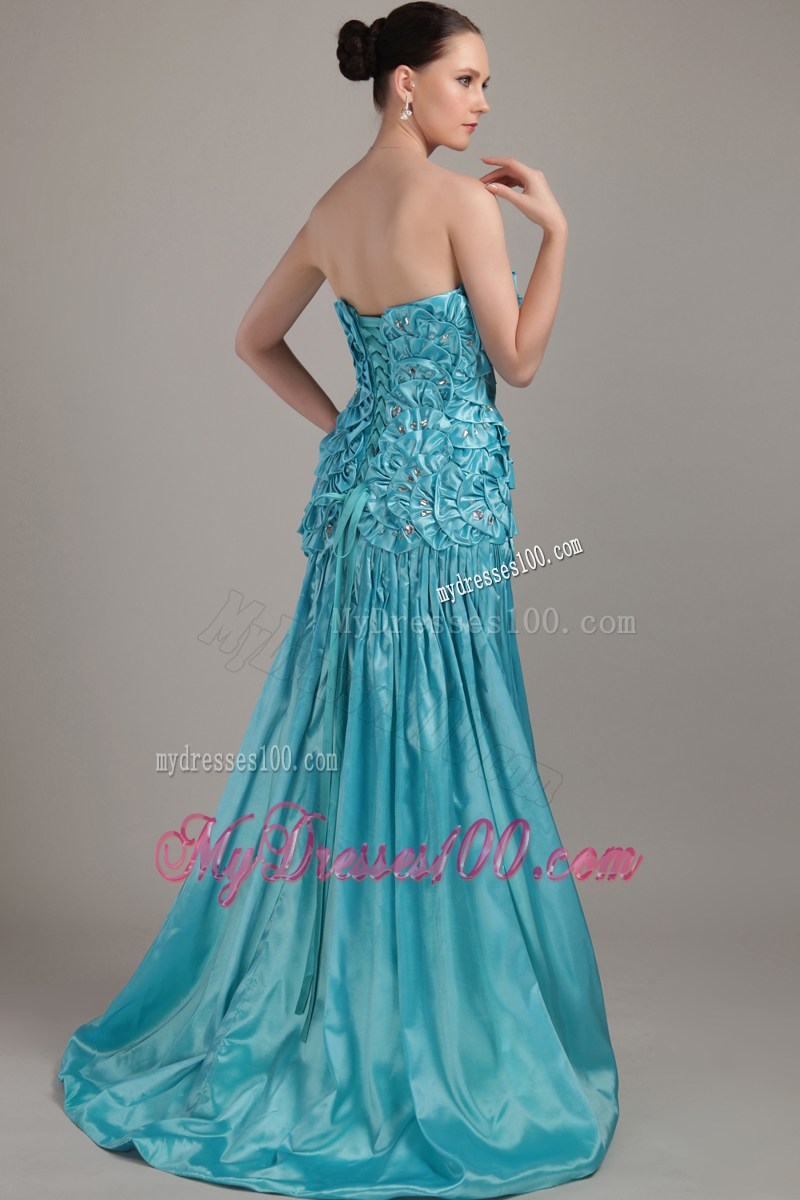 Teal Strapless Brush Train Beading and Ruching for Pageant Dresses