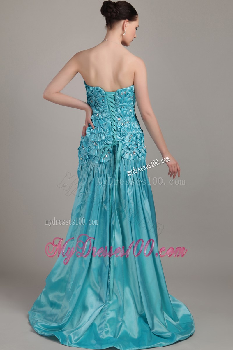 Teal Strapless Brush Train Beading and Ruching for Pageant Dresses