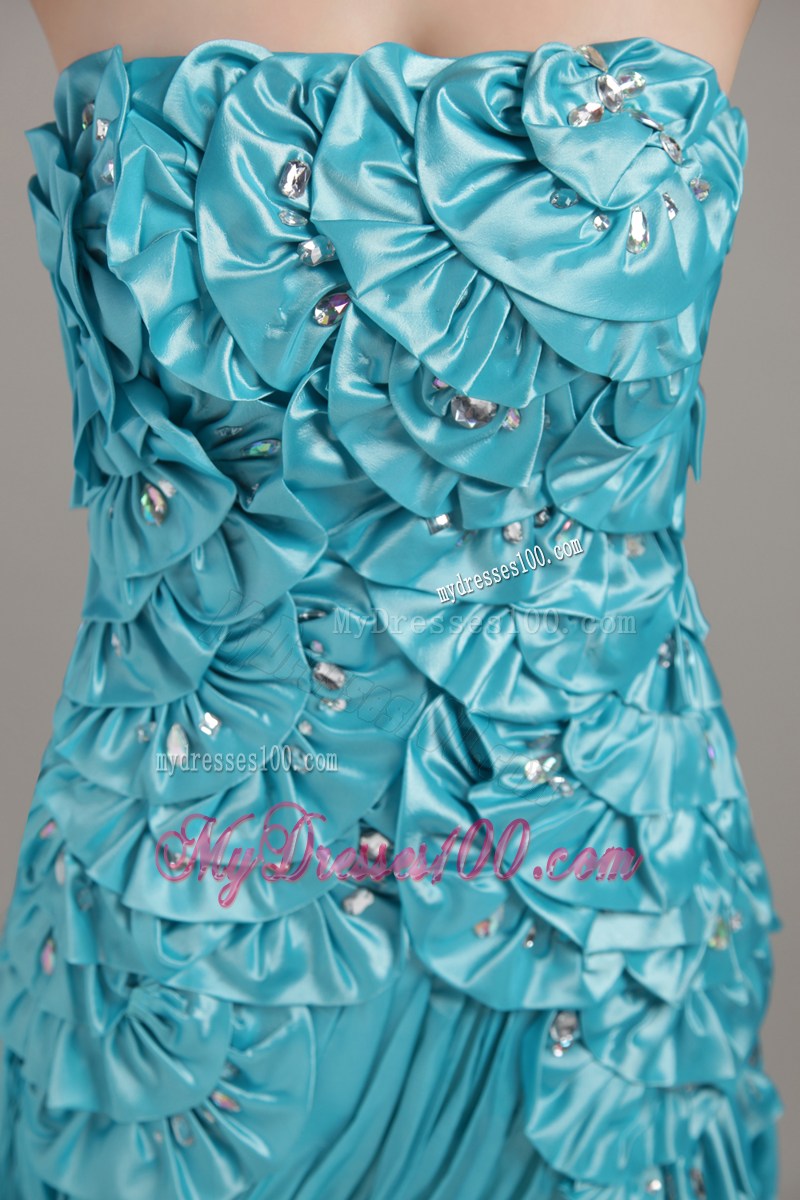 Teal Strapless Brush Train Beading and Ruching for Pageant Dresses