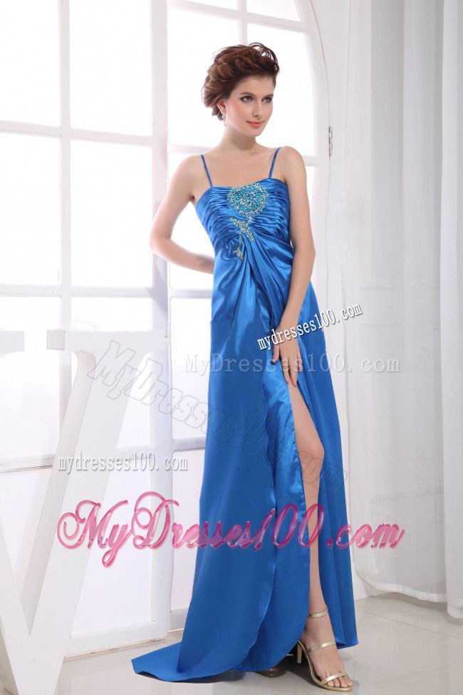 Royal Blue Prom / Evening Dress With Spaghetti Straps Appliques and Beading High Slit