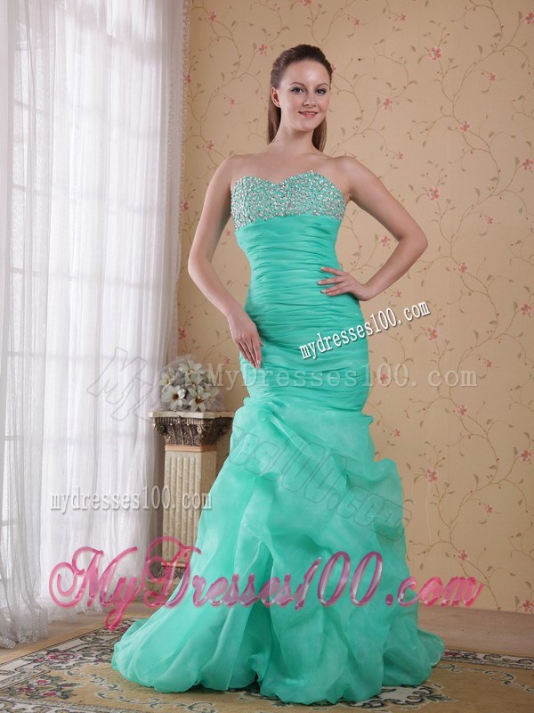 Turquoise Sweetheart Brush Train Pageant Dresses with Beading and Ruches