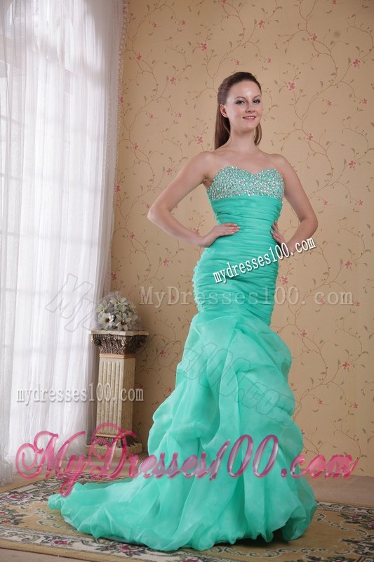Turquoise Sweetheart Brush Train Pageant Dresses with Beading and Ruches