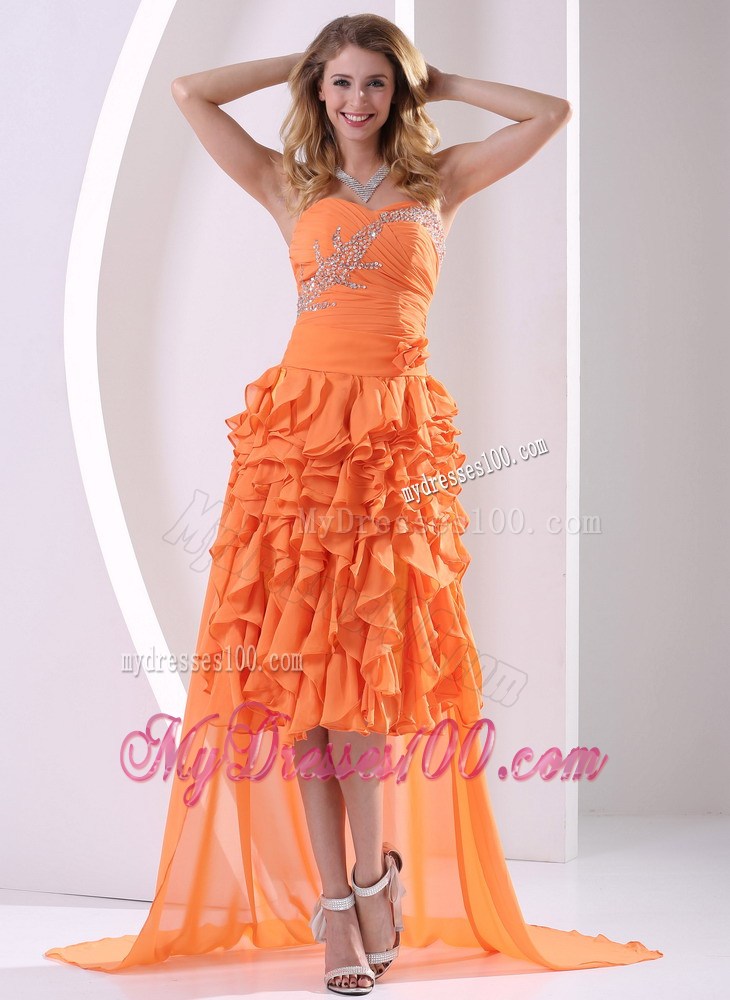 Orange Beaded and Ruffled Layers Detachable High-low Pageant Dresses