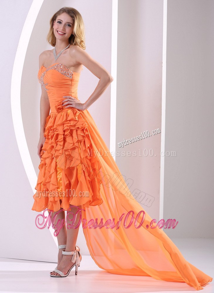Orange Beaded and Ruffled Layers Detachable High-low Pageant Dresses