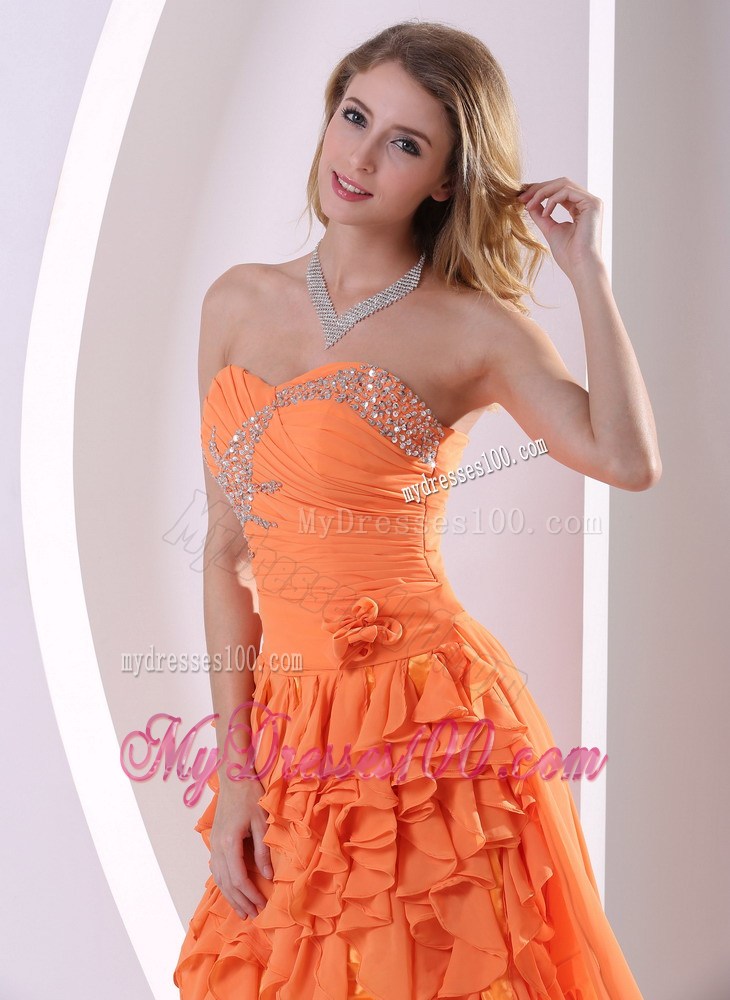 Orange Beaded and Ruffled Layers Detachable High-low Pageant Dresses