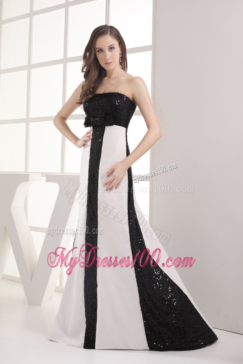 Sequin Black and White Column Strapless Prom Dress