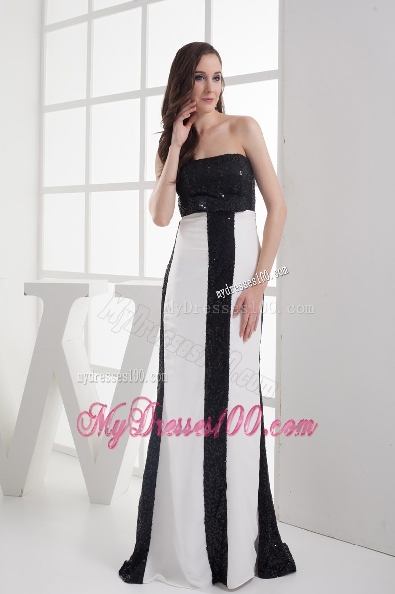 Sequin Black and White Column Strapless Prom Dress