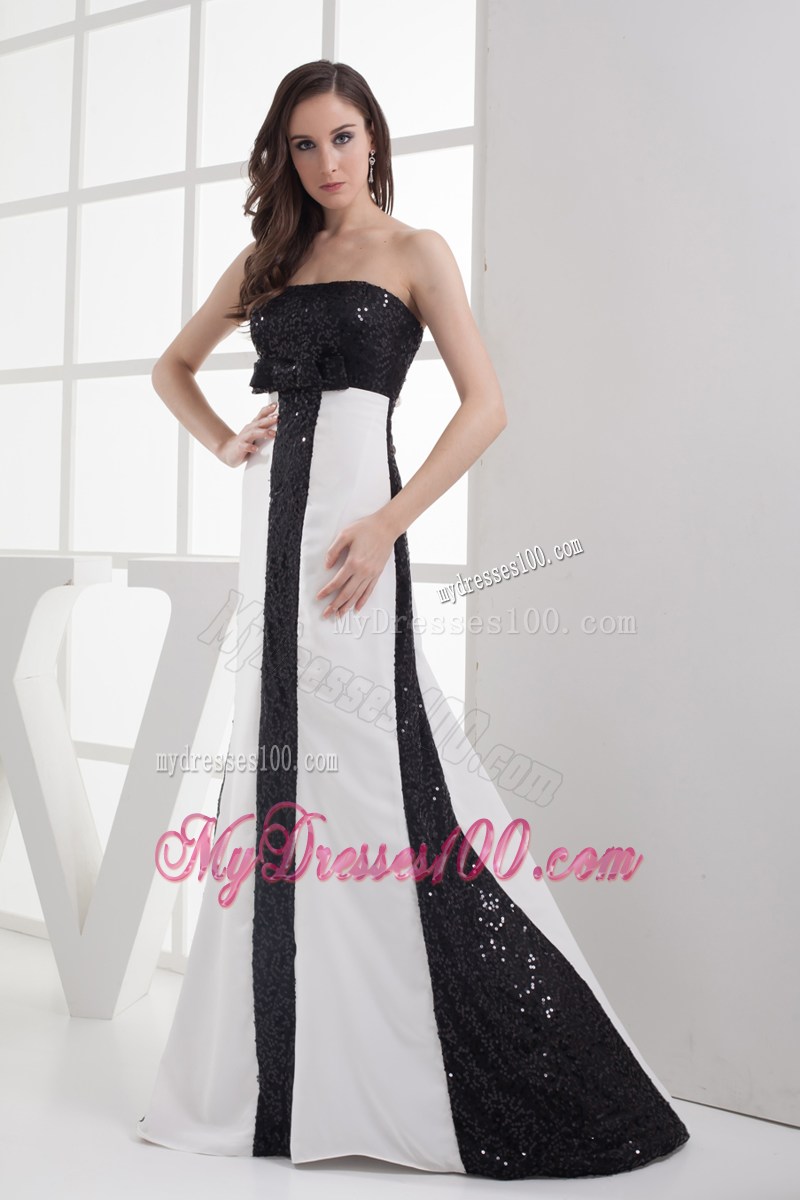 Sequin Black and White Column Strapless Prom Dress