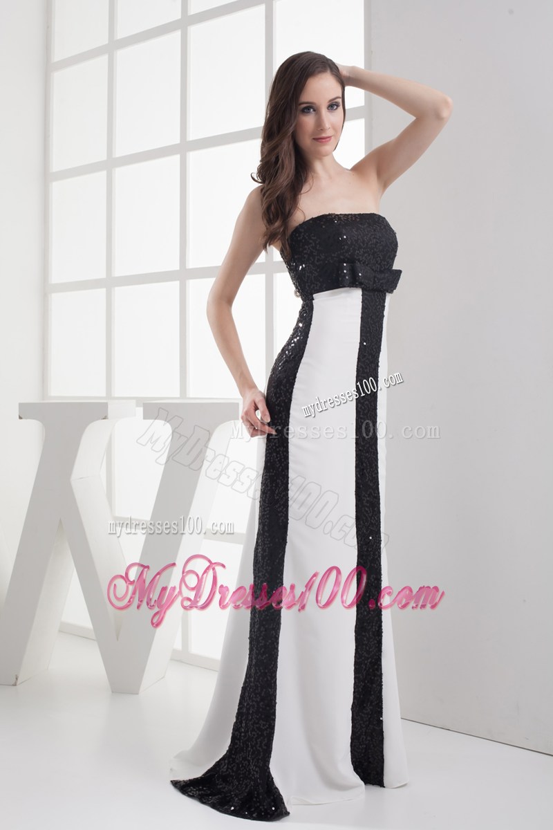 Sequin Black and White Column Strapless Prom Dress