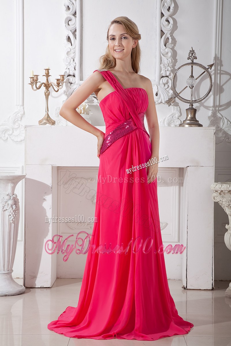 2013 Coral Red Empire One Shoulder Sequins Pageant Dresses Brush Train