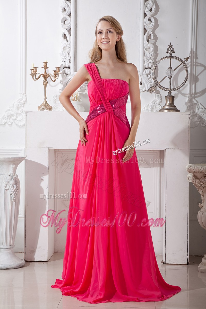 2013 Coral Red Empire One Shoulder Sequins Pageant Dresses Brush Train