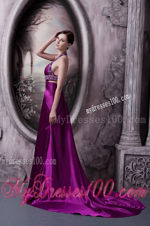 Pretty Eggplant Purple Column Halter Pageant Dresses with Beading