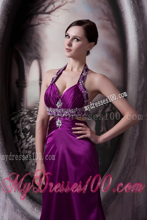 Pretty Eggplant Purple Column Halter Pageant Dresses with Beading