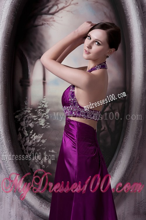Pretty Eggplant Purple Column Halter Pageant Dresses with Beading