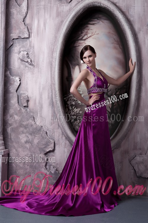 Pretty Eggplant Purple Column Halter Pageant Dresses with Beading