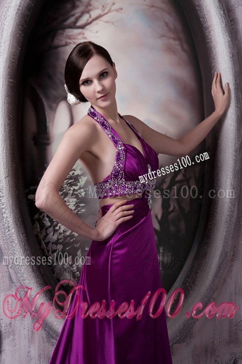 Pretty Eggplant Purple Column Halter Pageant Dresses with Beading