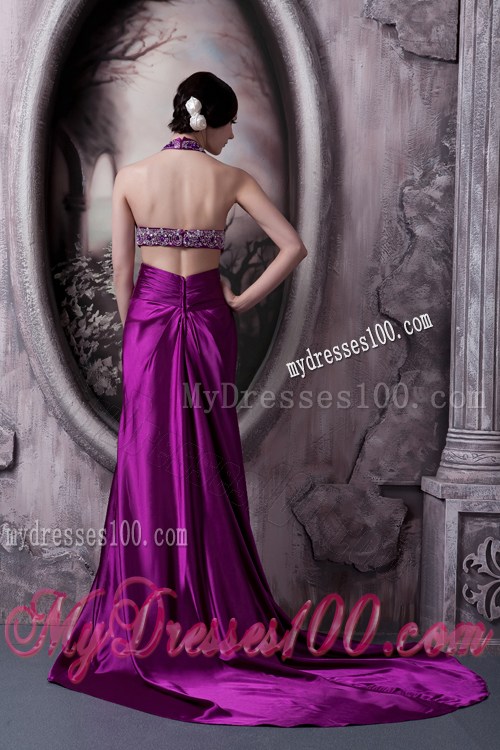 Pretty Eggplant Purple Column Halter Pageant Dresses with Beading
