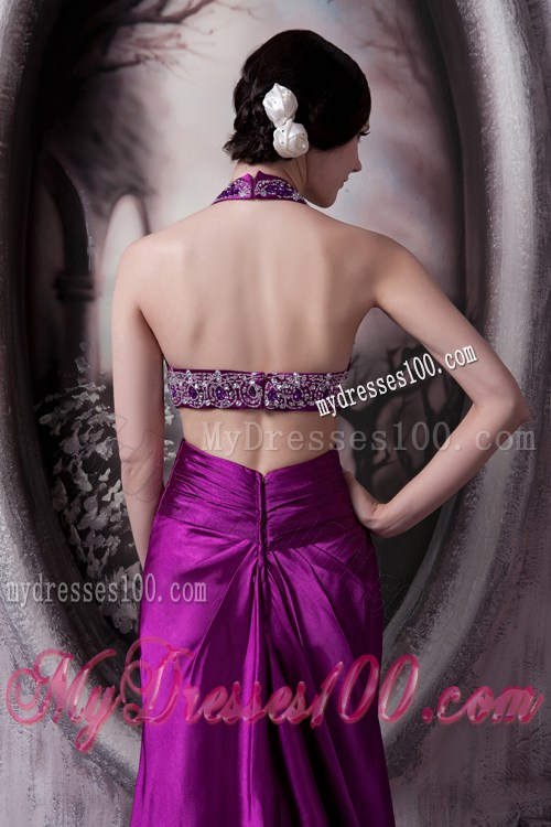 Pretty Eggplant Purple Column Halter Pageant Dresses with Beading