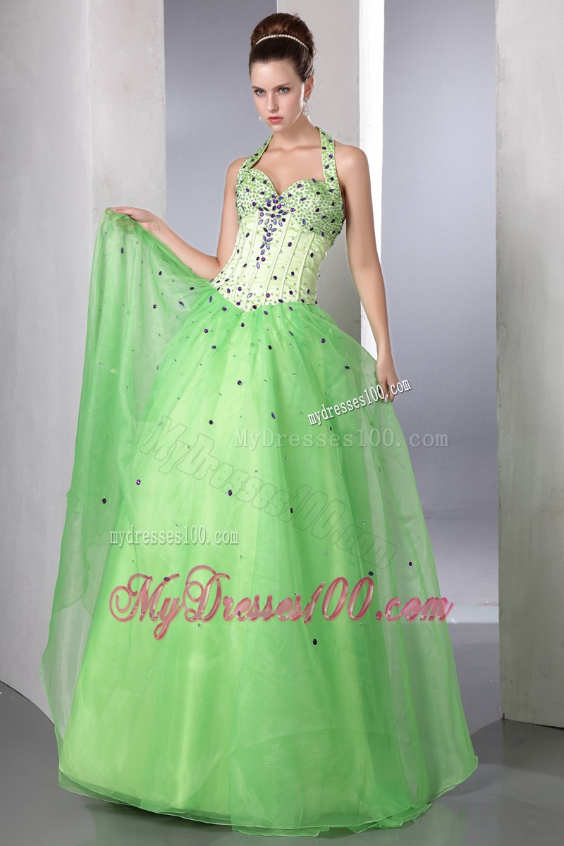 Spring Green Halter Pageant Dresses with Beading Floor-length