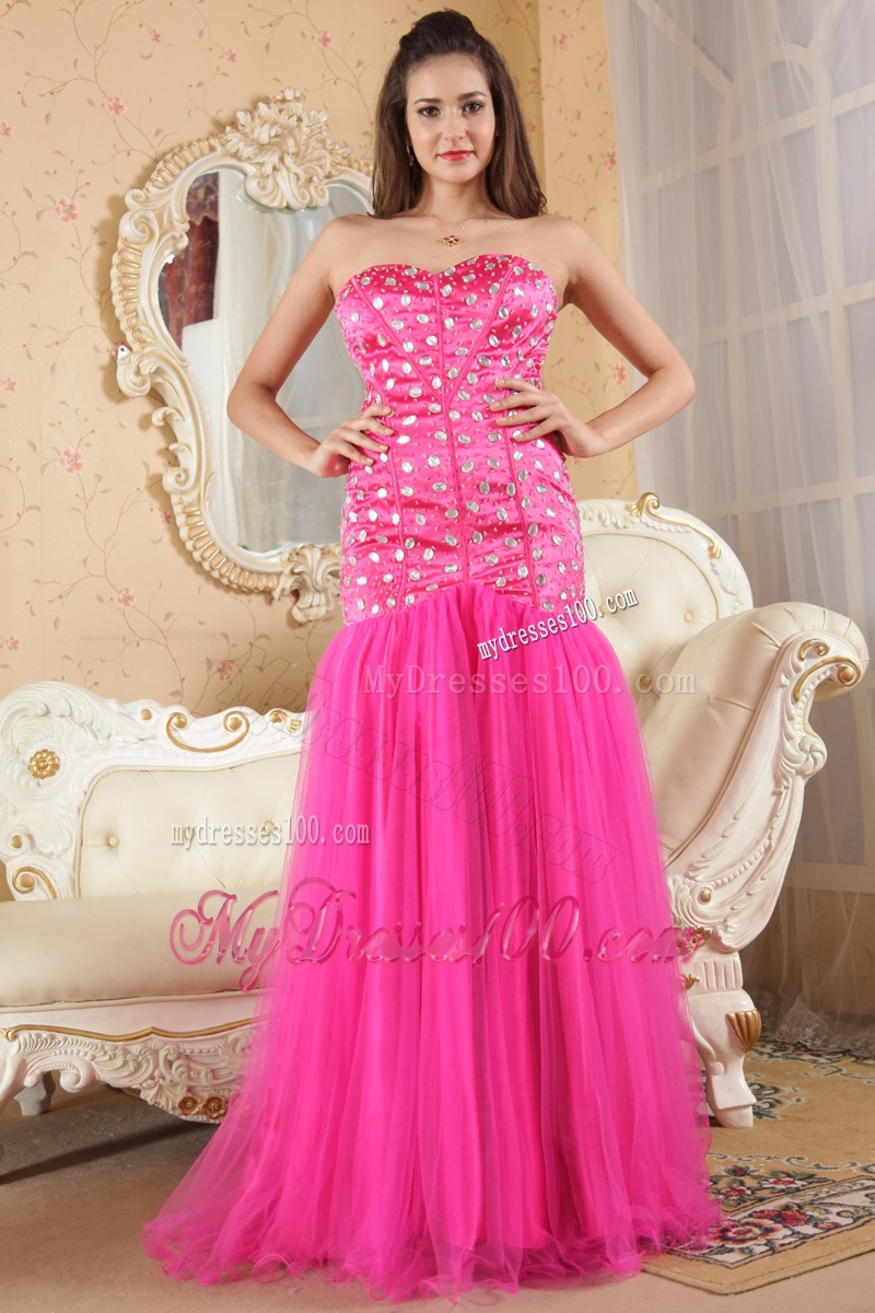 Hot Pink Mermaid Strapless Brush Train Pageant Dresses with Beading