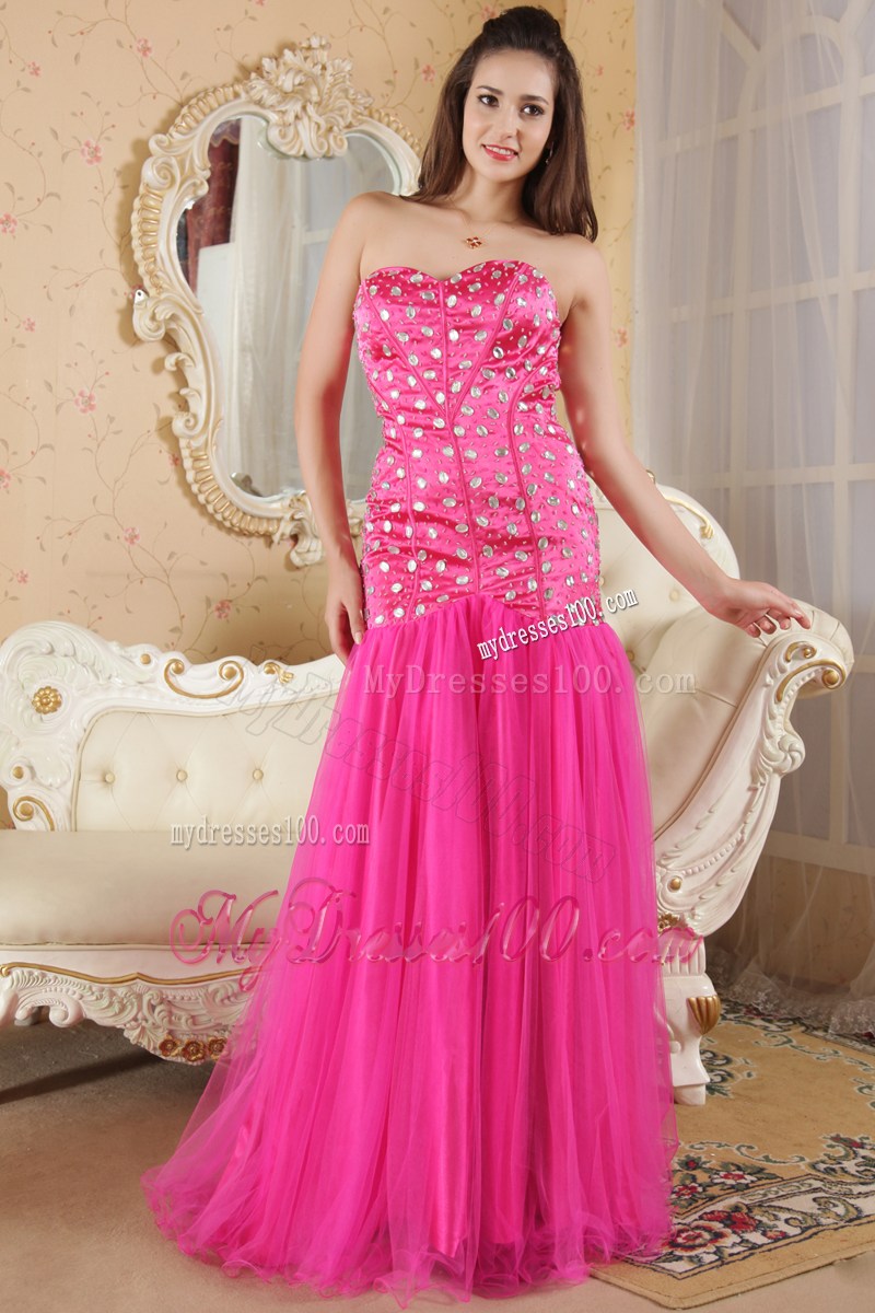 Hot Pink Mermaid Strapless Brush Train Pageant Dresses with Beading