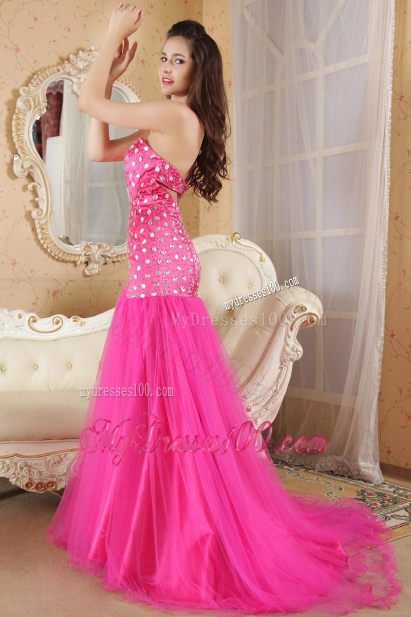Hot Pink Mermaid Strapless Brush Train Pageant Dresses with Beading