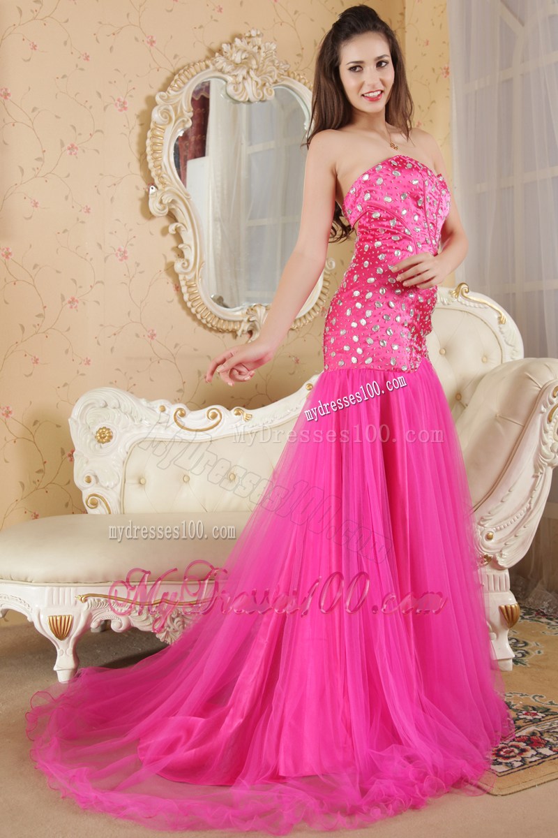 Hot Pink Mermaid Strapless Brush Train Pageant Dresses with Beading