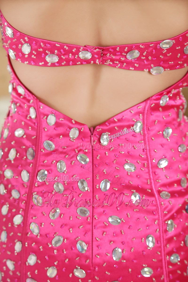 Hot Pink Mermaid Strapless Brush Train Pageant Dresses with Beading