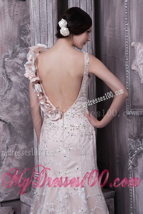 Modern Champagne Pageant Dresses Column Scoop Flowers Brush Train