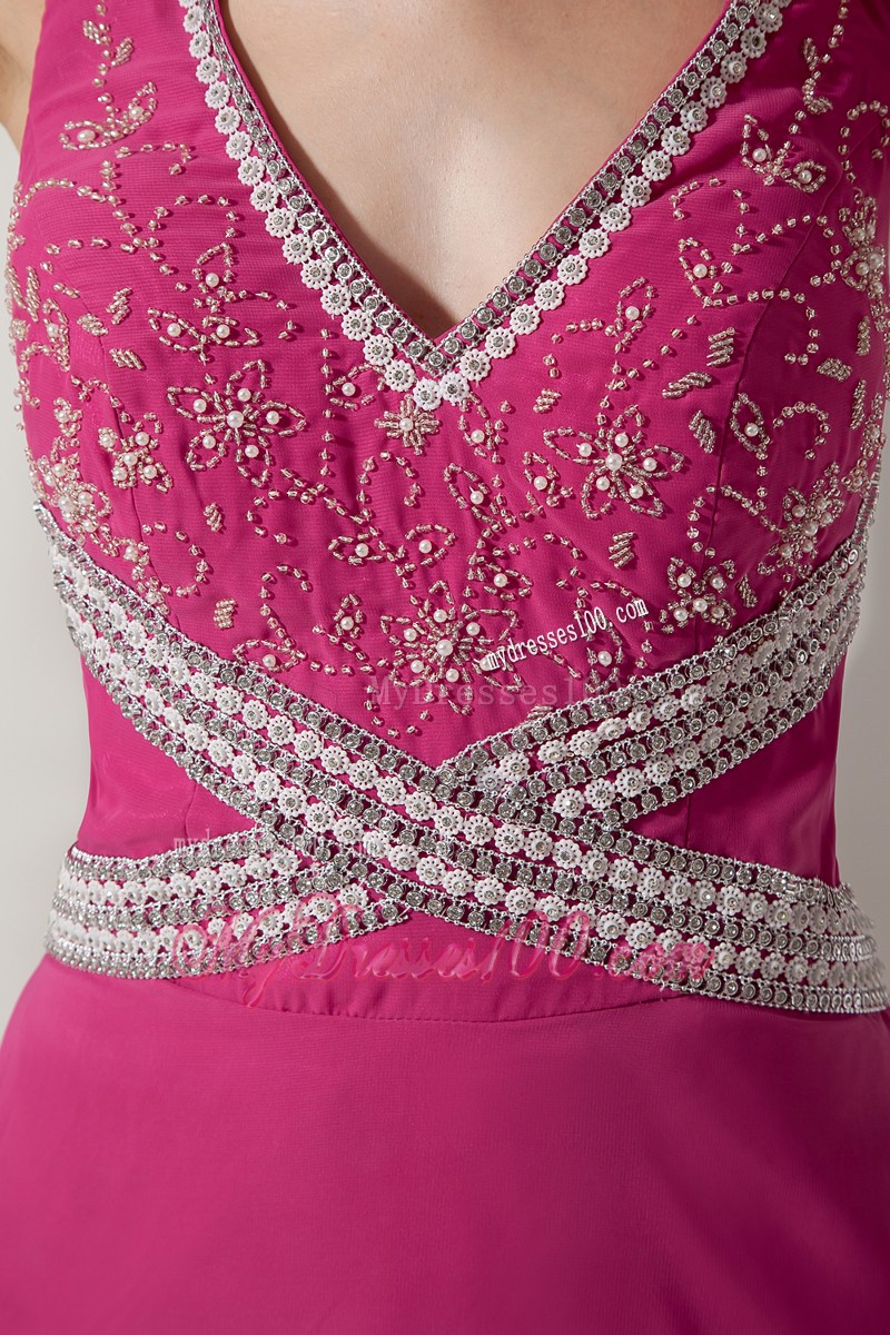 Hot Pink V-neck Floor-length Appliques With Beading Pageant Dresses