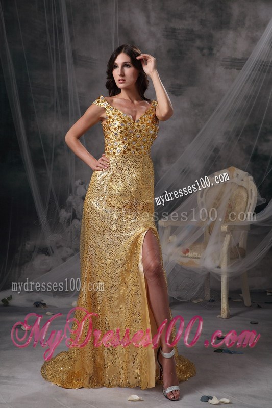 Low Price Gold Empire V-neck Pageant Dresses Sequin Beading and Ruching