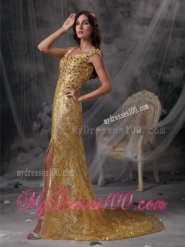 Low Price Gold Empire V-neck Pageant Dresses Sequin Beading and Ruching