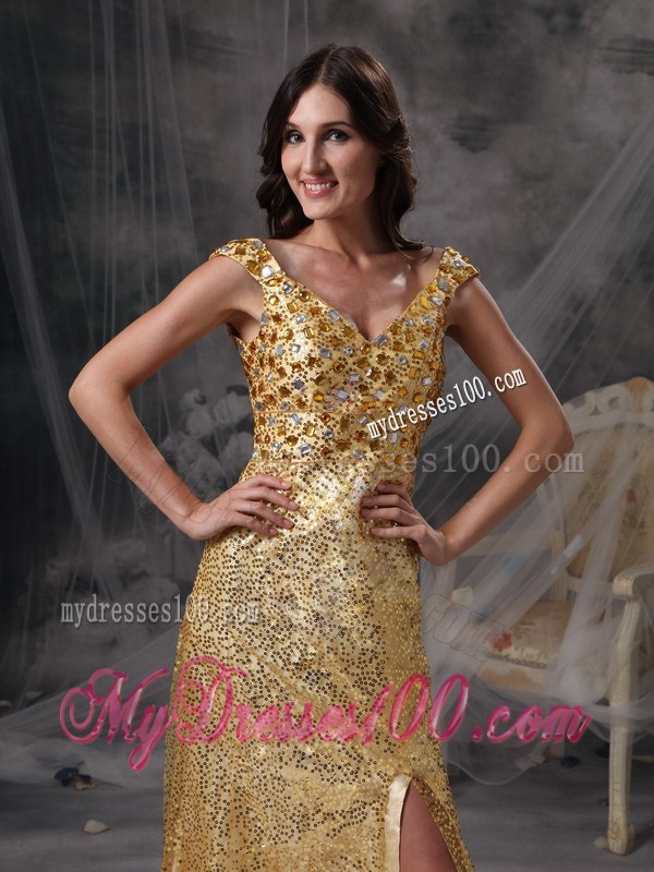 Low Price Gold Empire V-neck Pageant Dresses Sequin Beading and Ruching