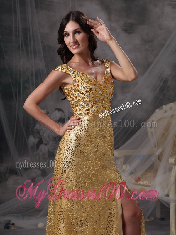Low Price Gold Empire V-neck Pageant Dresses Sequin Beading and Ruching