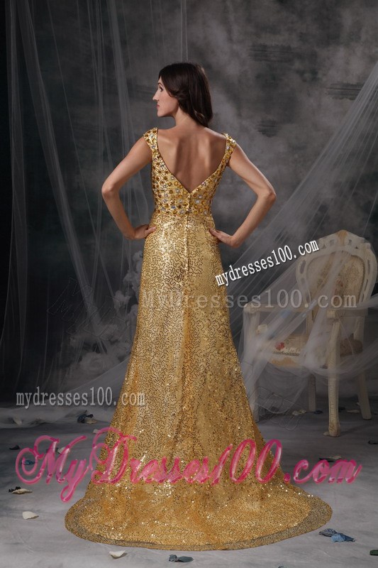 Low Price Gold Empire V-neck Pageant Dresses Sequin Beading and Ruching