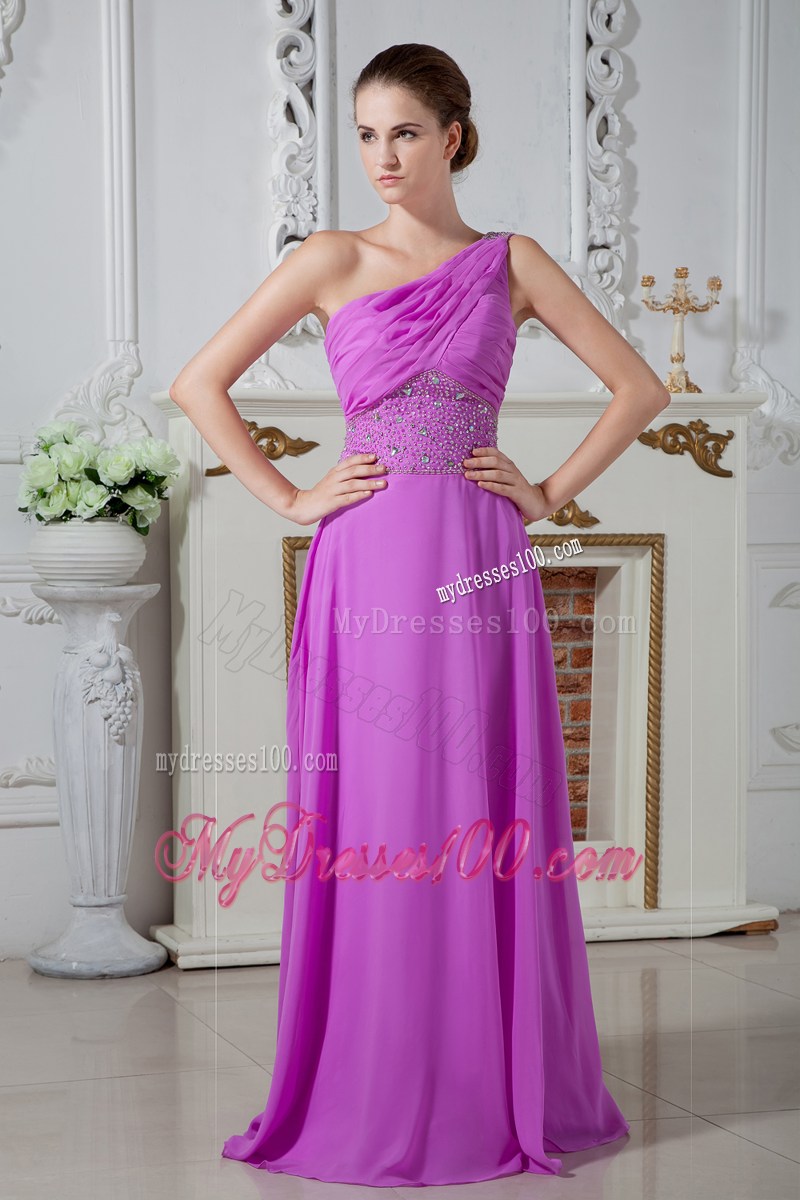Lavender Empire One Shoulder Prom Dress with Ruching and Beading