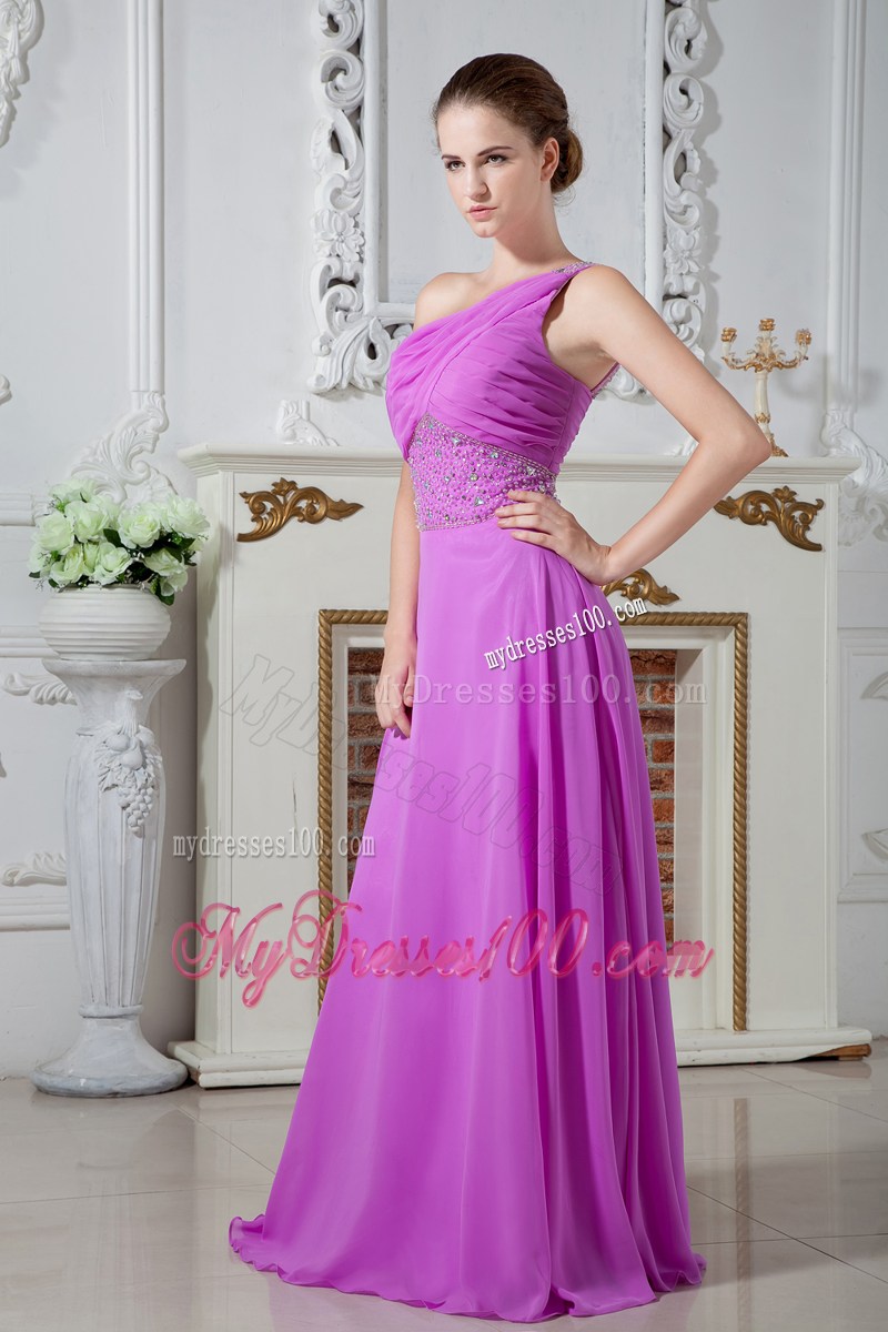 Lavender Empire One Shoulder Prom Dress with Ruching and Beading