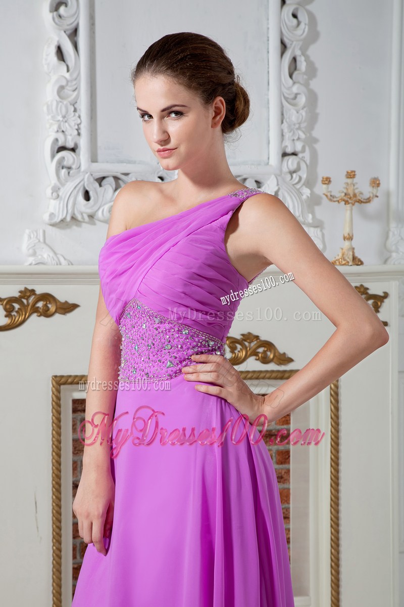Lavender Empire One Shoulder Prom Dress with Ruching and Beading