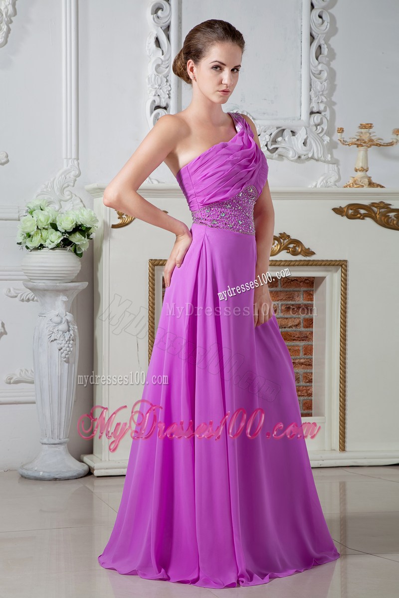 Lavender Empire One Shoulder Prom Dress with Ruching and Beading