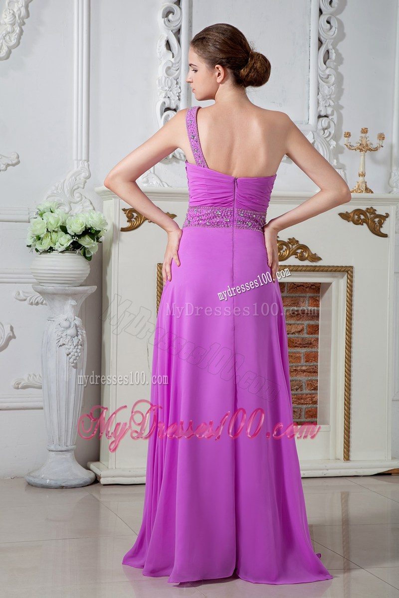 Lavender Empire One Shoulder Prom Dress with Ruching and Beading