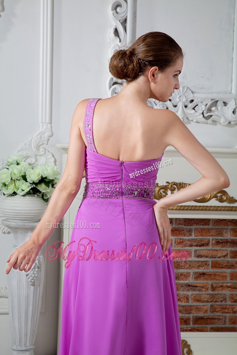 Lavender Empire One Shoulder Prom Dress with Ruching and Beading