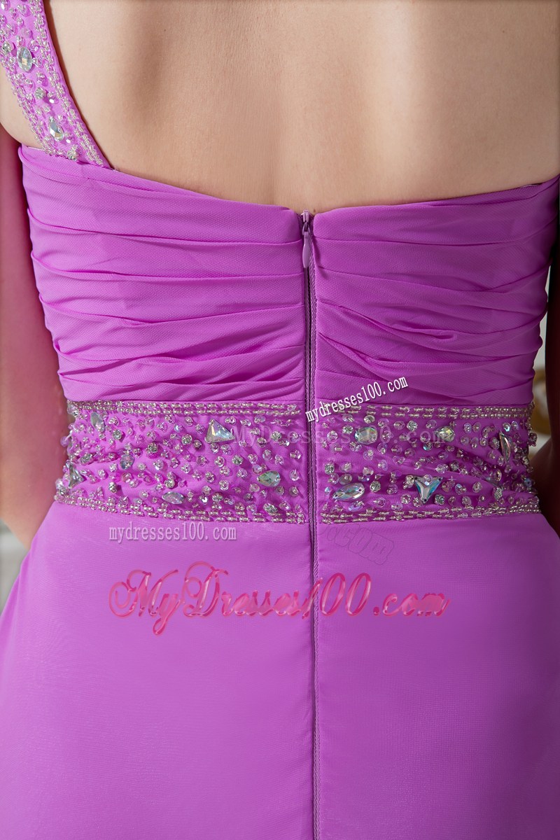 Lavender Empire One Shoulder Prom Dress with Ruching and Beading
