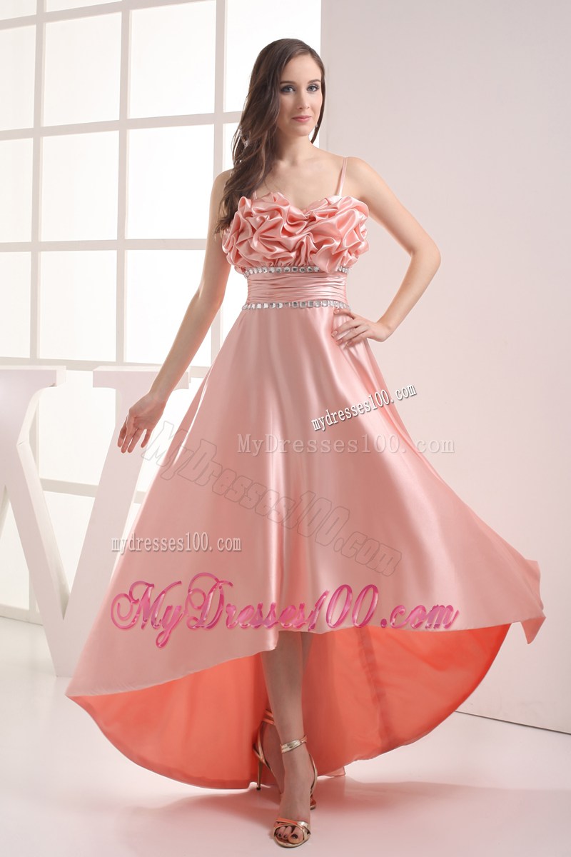 Watermelon Sapghetti Straps Beading High-low Ruching Prom Dress