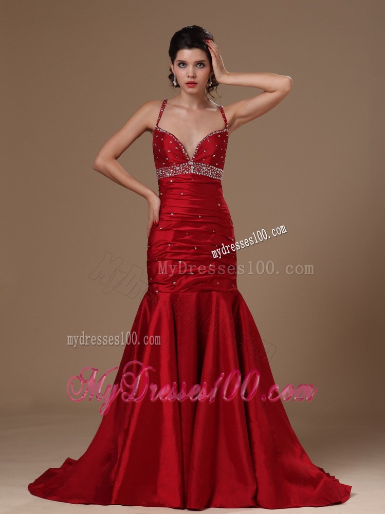 Wine Red Mermaid Sweep Hottest Beaded Prom Pageant Dresses