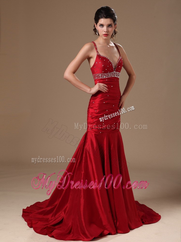Wine Red Mermaid Sweep Hottest Beaded Prom Pageant Dresses