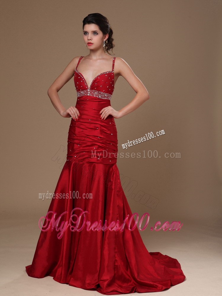 Wine Red Mermaid Sweep Hottest Beaded Prom Pageant Dresses